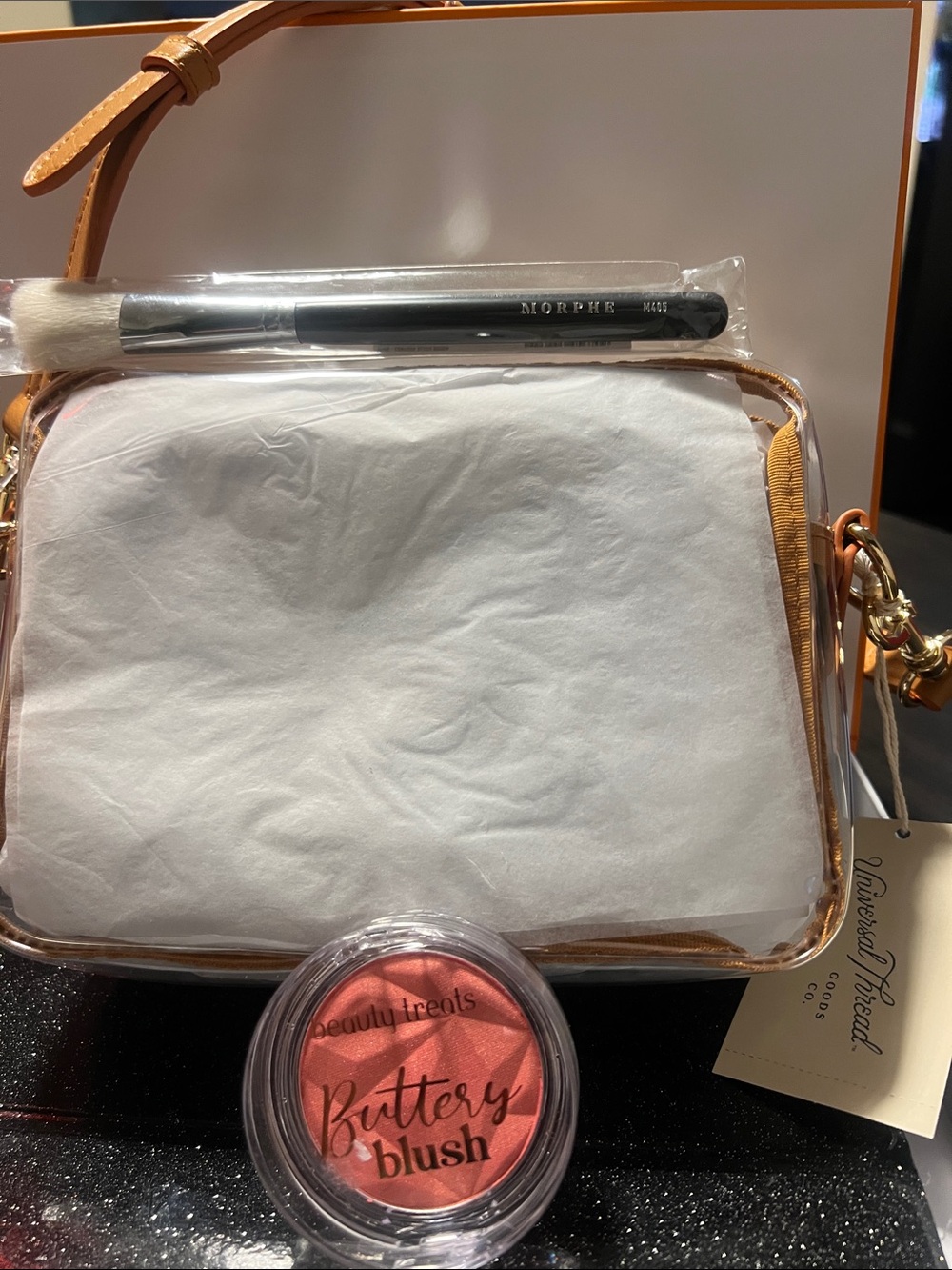 Universal Threads Clear Crossbody Bag with Tan Trim and Beauty Set